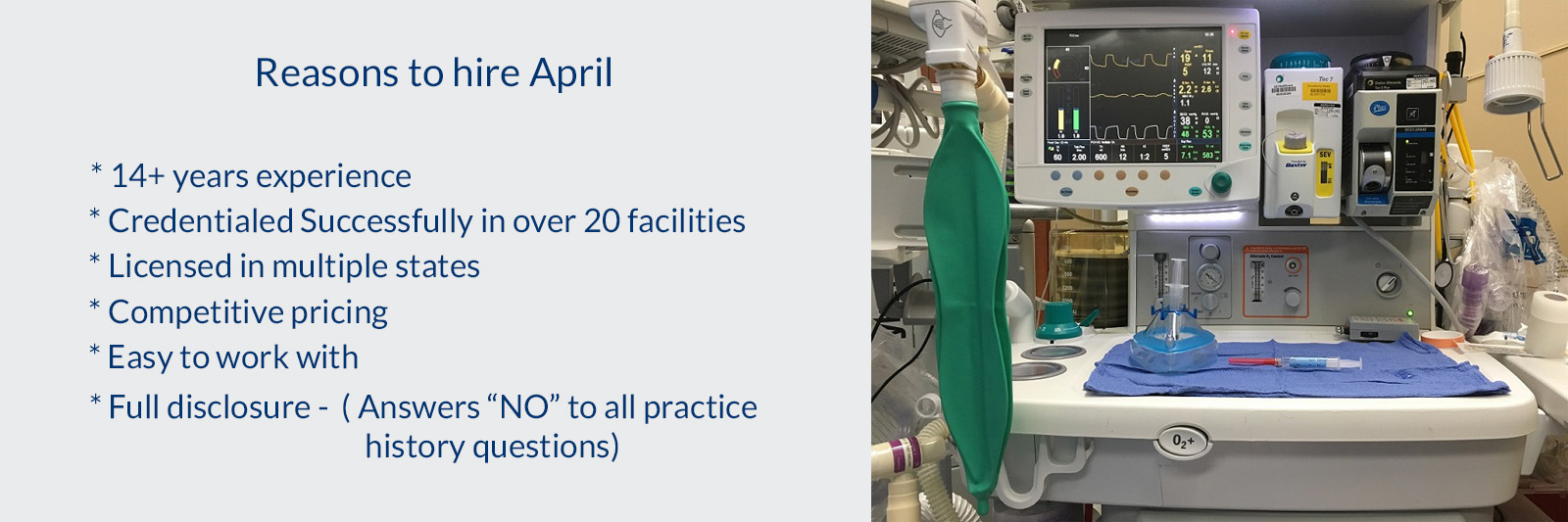 Picture of April in the anesthesia room and reasons written out for why to hire her